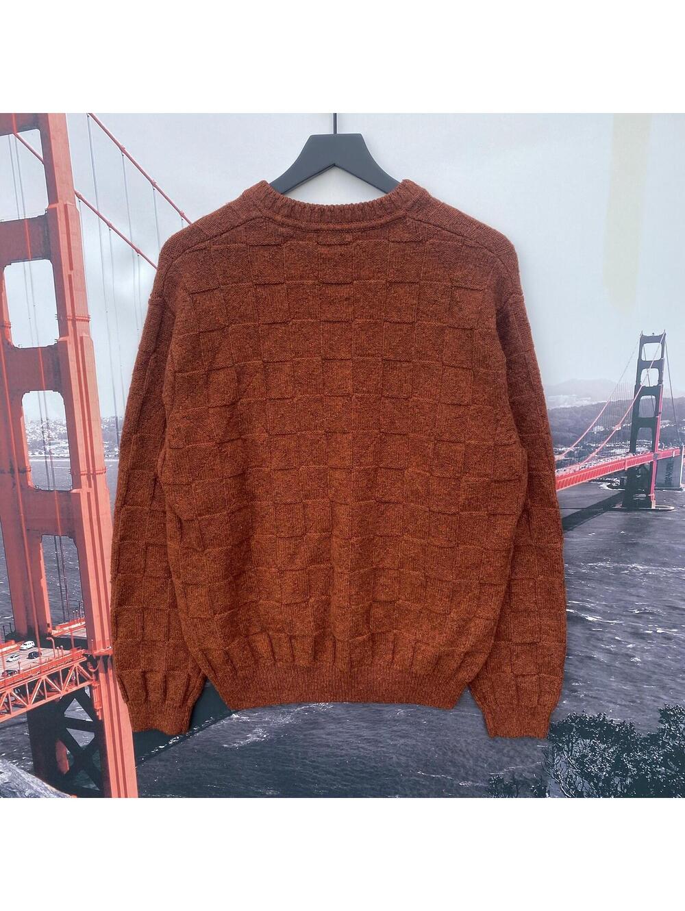 Ashworth Mens Sweater Size L Large Rust Brown Checker Board Woven Lambswool VTG
